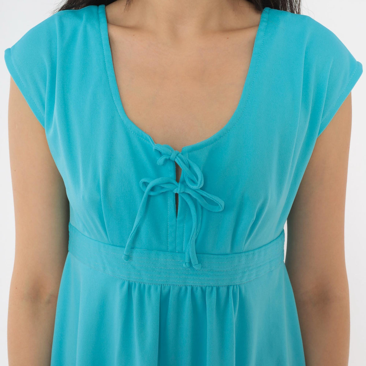 70s Teal Blue Knee-Length Dress Cap Sleeve Empire Waist Keyhole Tie Back Small