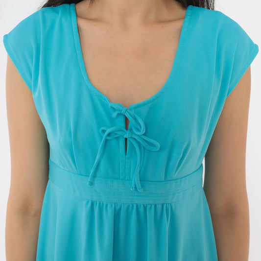 70s Teal Blue Knee-Length Dress Cap Sleeve Empire Waist Keyhole Tie Back Small
