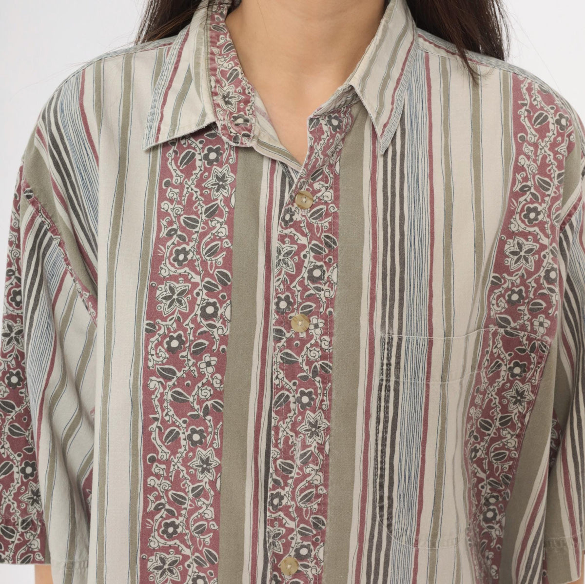 90s Key Elements Striped Floral Cotton Shirt Cream Rust Extra Large XXL