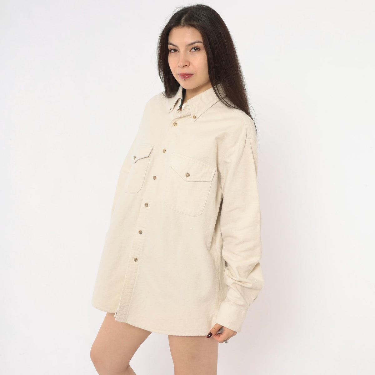 90s John Ashford Sport Cream Flannel Button Up Shirt Cotton Large