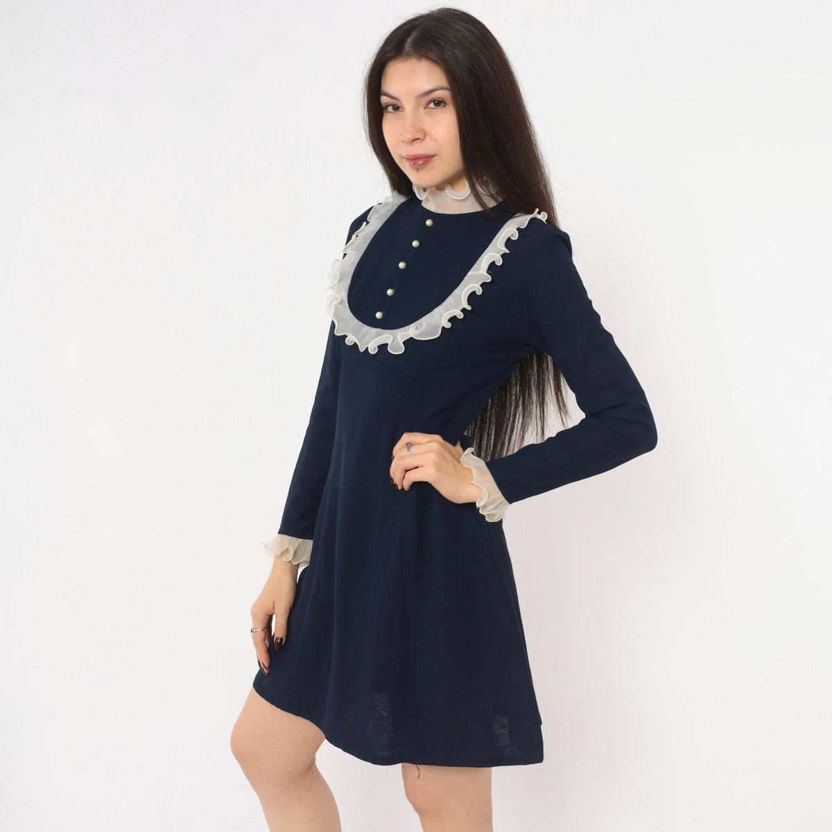 60s Navy Babydoll Dress White Ruffle Bib Mock Neck Pearl Buttons Small