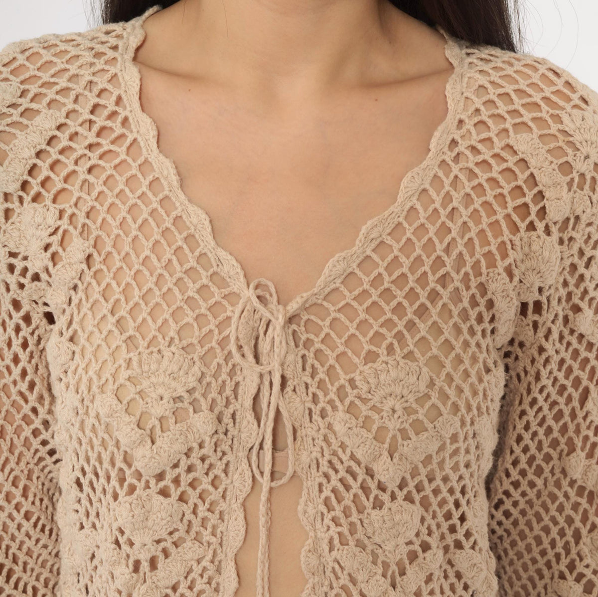 90s Beige Crochet Cardigan Floral Openwork Knit Small S