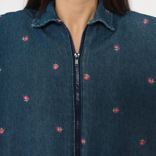 90s Navy Denim Jacket Embroidered Floral Pink Yellow Cottagecore Medium