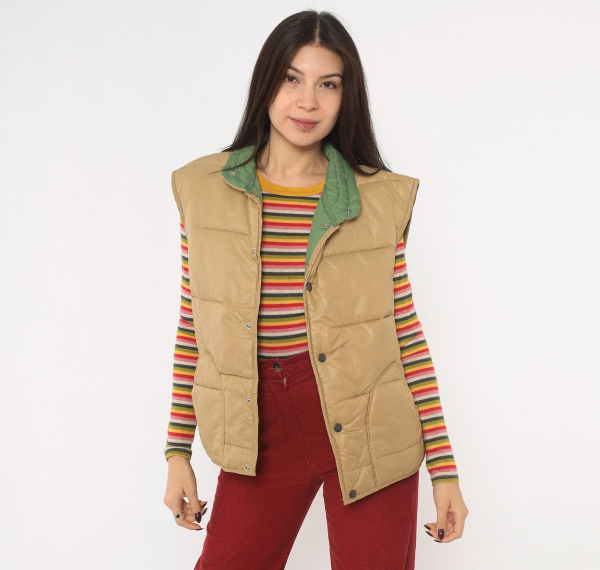 80s Aramis Devin Puffer Vest Tan Reversible Green Quilted Snap Medium