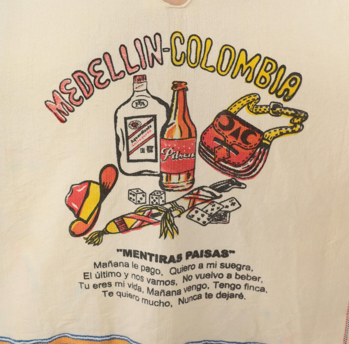 80s Medellin Colombia Souvenir Poncho Cream Cotton Graphic V Neck Fringe One Size