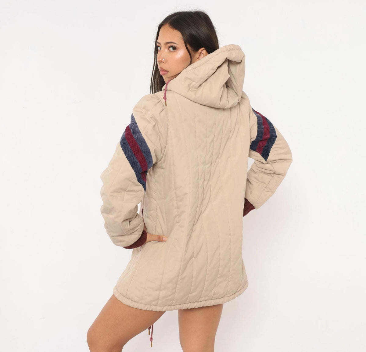 80s JC Penney Cream Puffer Coat Hooded Quilted Ski Jacket Small