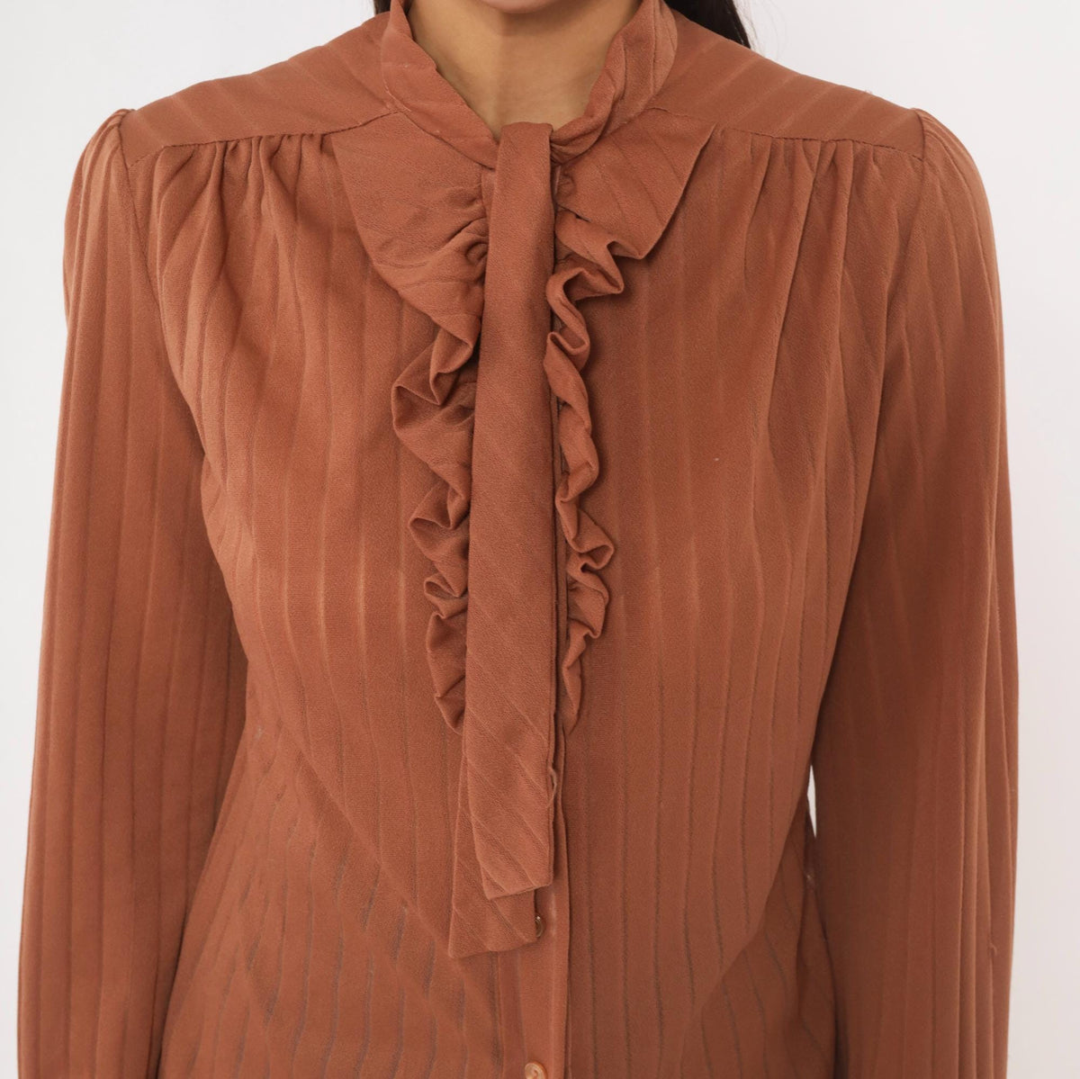 70s Graff Tan Ruffle Jabot Blouse Mock Neck Pleated Semi-Sheer Medium