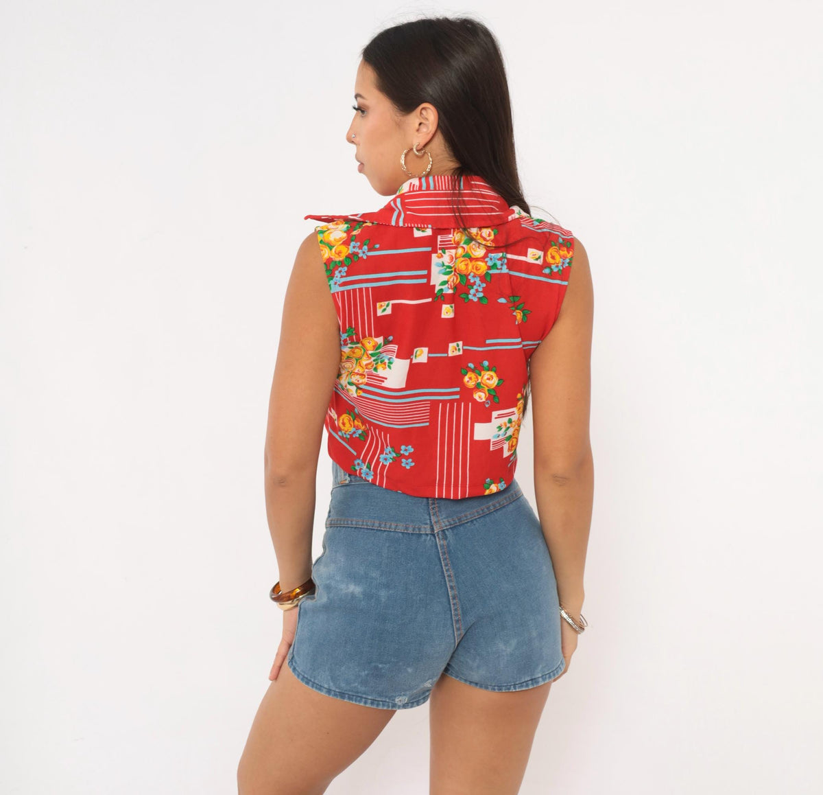 70s Red Floral Crop Top Yellow Rose Print Sleeveless Button Front Blouse Medium