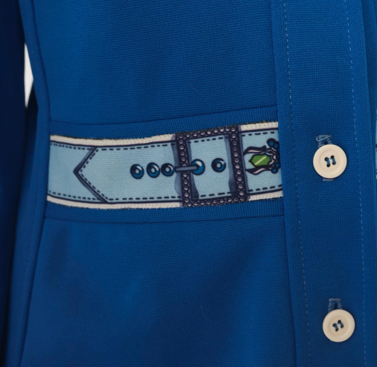 70s Mel Warshaw Cobalt Blue Knit Blouse Trompe L'oeil Belt Buckle Print Medium M