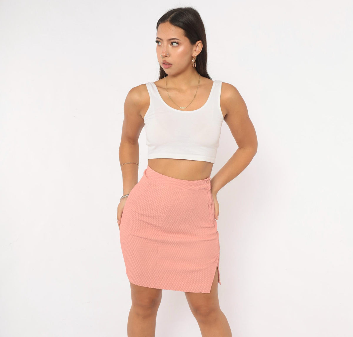 80s Rapid Transit Peach Mini Skirt High Waist Pencil Honeycomb Texture XS