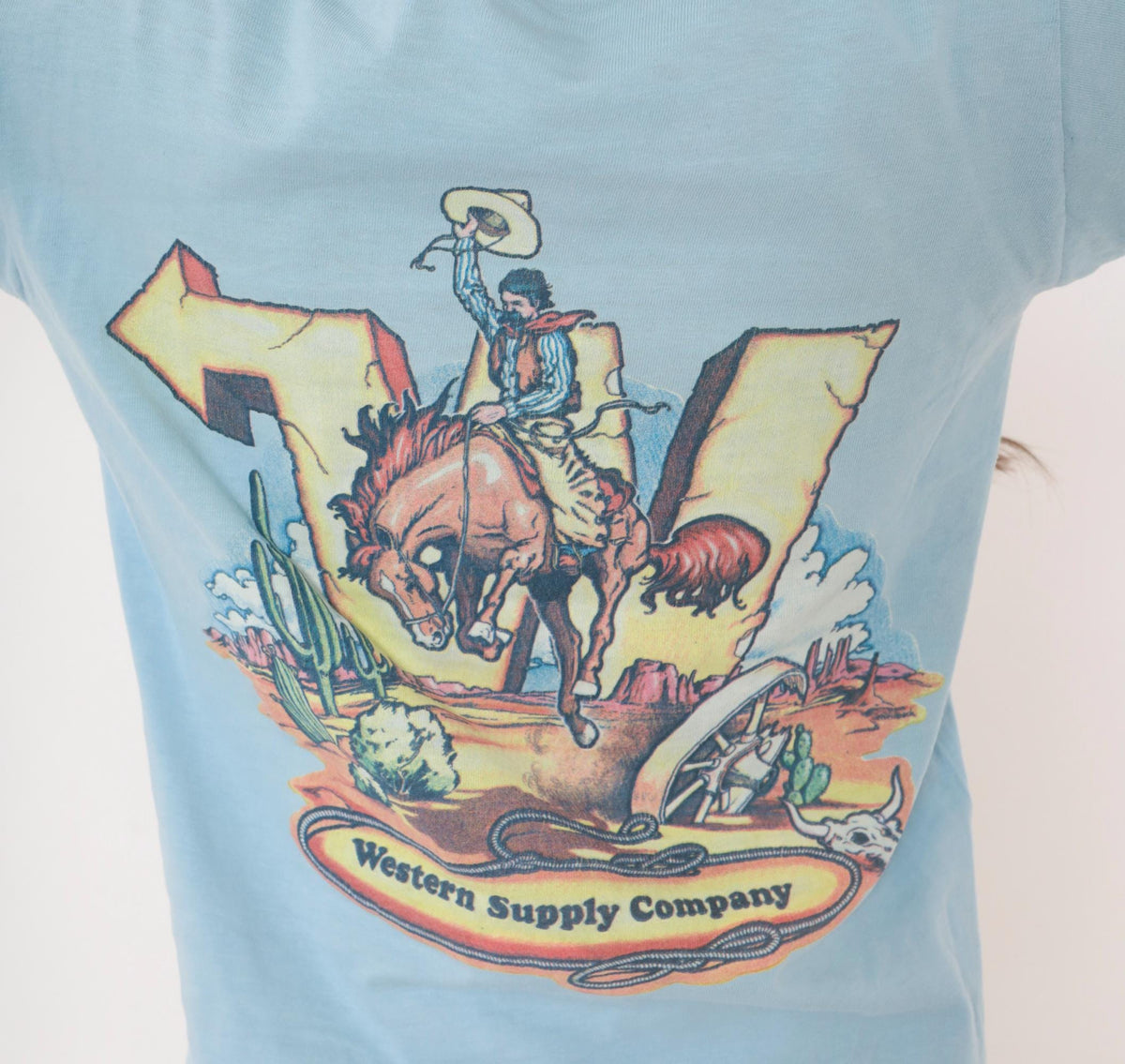 90s Western Supply Company Cowboy Bronco Pocket Tee Light Blue Small S
