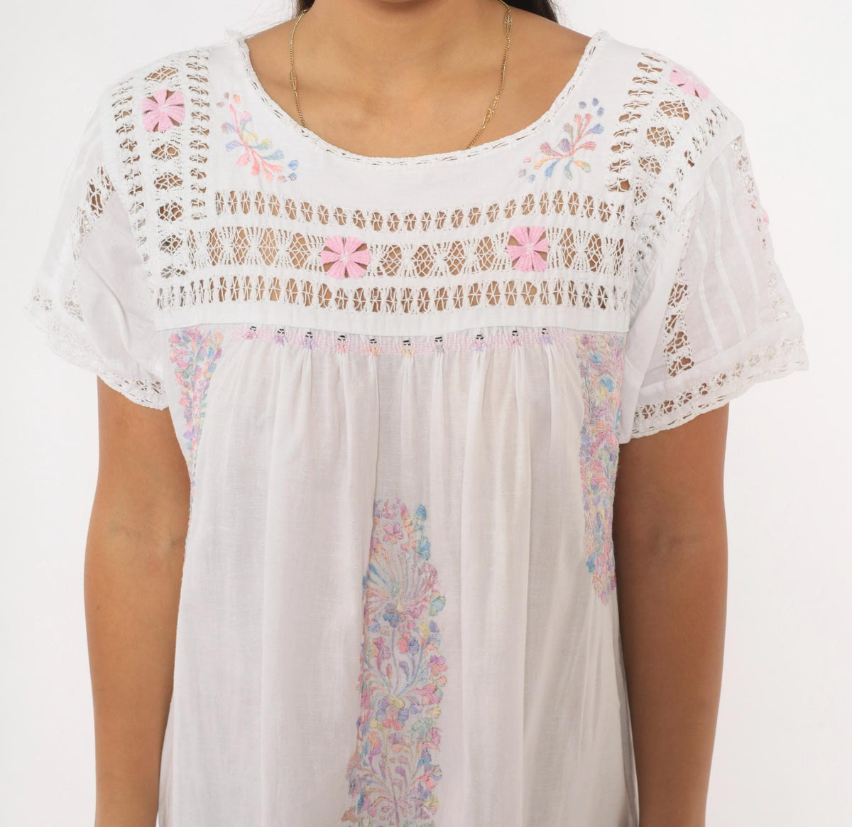 80s Mexican Embroidered Dress White Floral Crochet Lace Yoke Midi Large