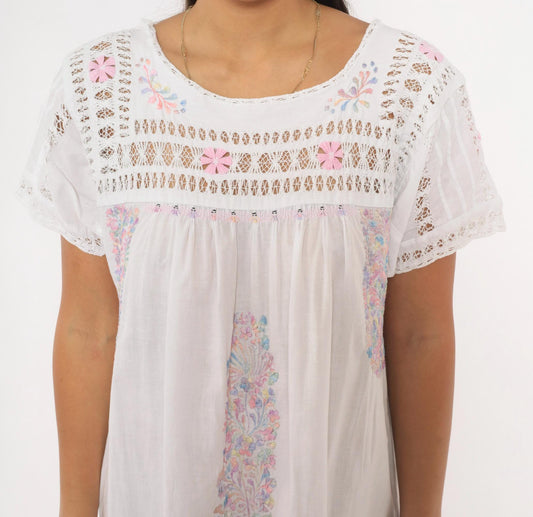 80s Mexican Embroidered Dress White Floral Crochet Lace Yoke Midi Large