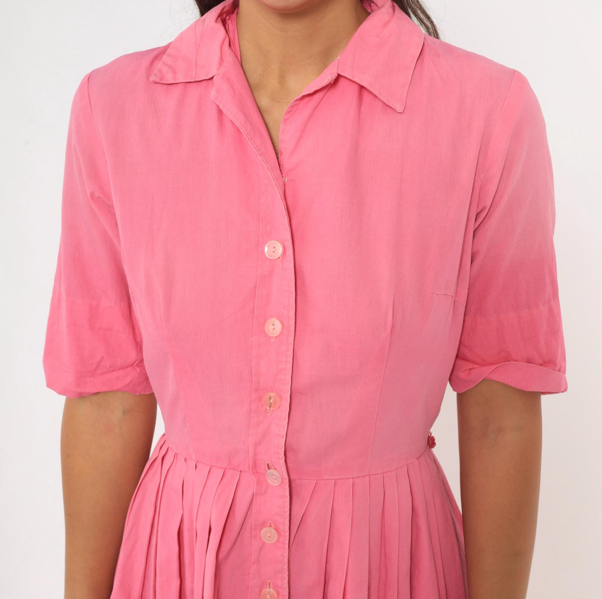 60s Pink Cotton Shirtdress Knife Pleated Knee-Length Button Front Small