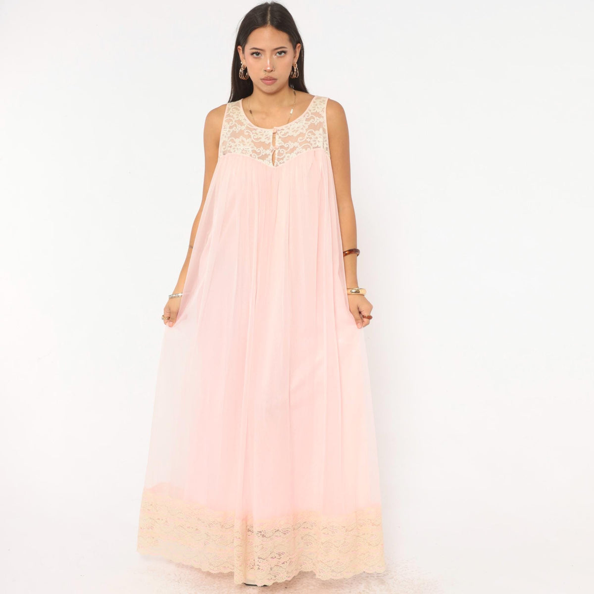 80s Blush Pink Maxi Nightgown Ivory Lace Yoke Scoop Neck Medium