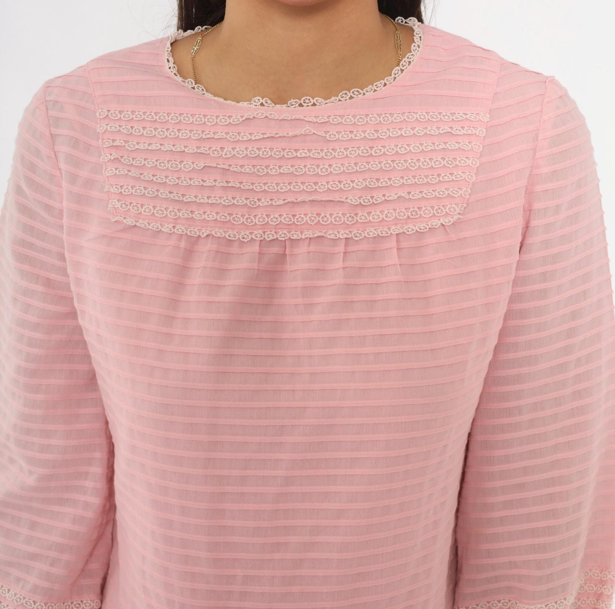 60s Pink Shift Dress White Crochet Lace Trim Puff Sleeve Knee Length Medium