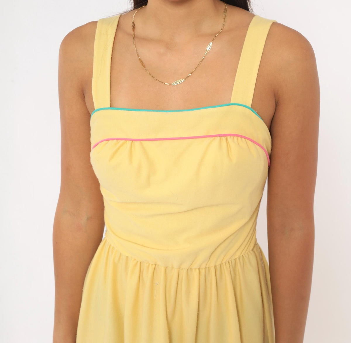 80s Yellow Sundress Mr. Joe Square Neck Teal Pink Piping Medium