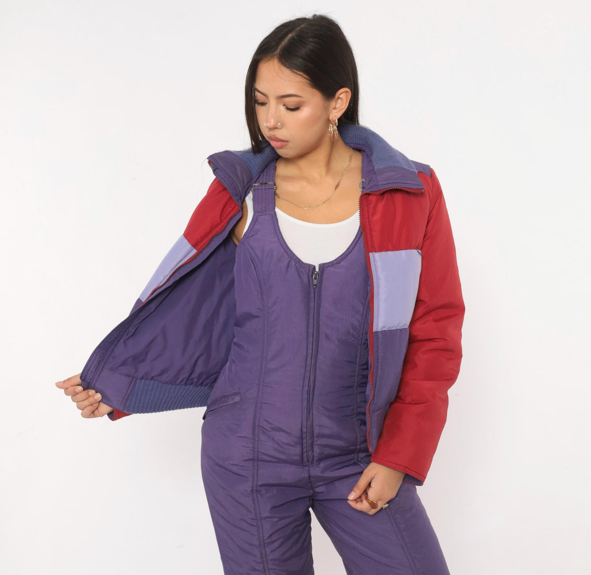 80s Serac Color Block Ski Jacket Purple Red Lavender Cropped Bomber Small S