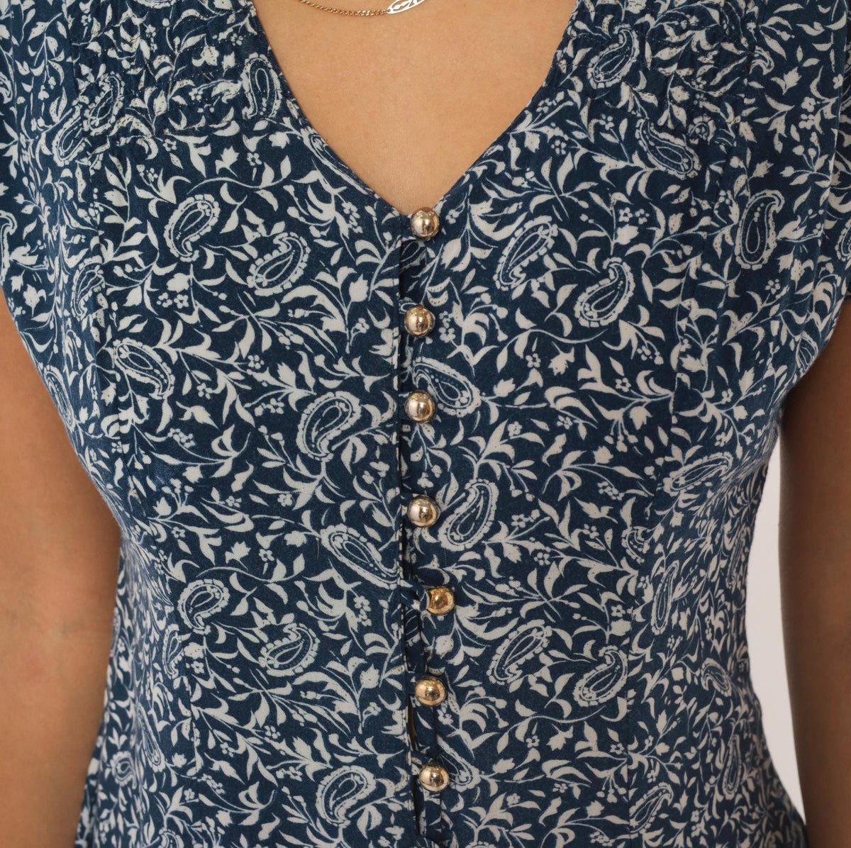 90s Caroline Wells Navy Paisley Floral Dress Button Front V Neck Medium M