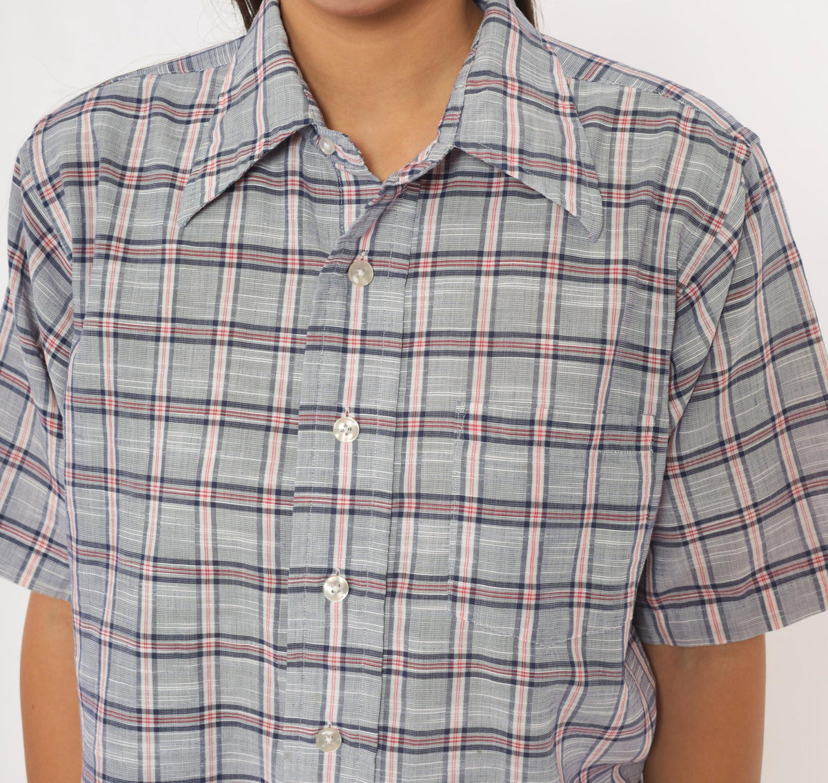 80s Durable Press Plaid Button-Up Shirt Blue Red Check Short Sleeve Medium