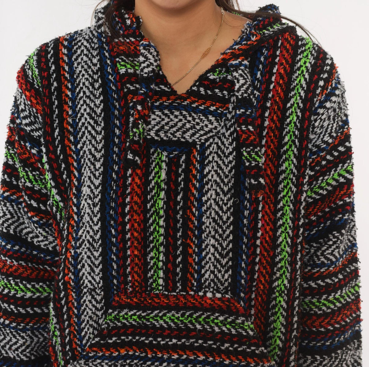 90s Earth Ragz Baja Hoodie Striped Black White Neon Green Small