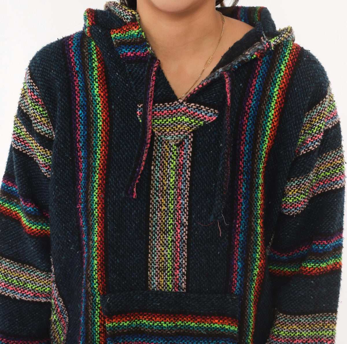 90s Navy Baja Hoodie Rainbow Stripe Woven Pullover Kangaroo Pocket Medium