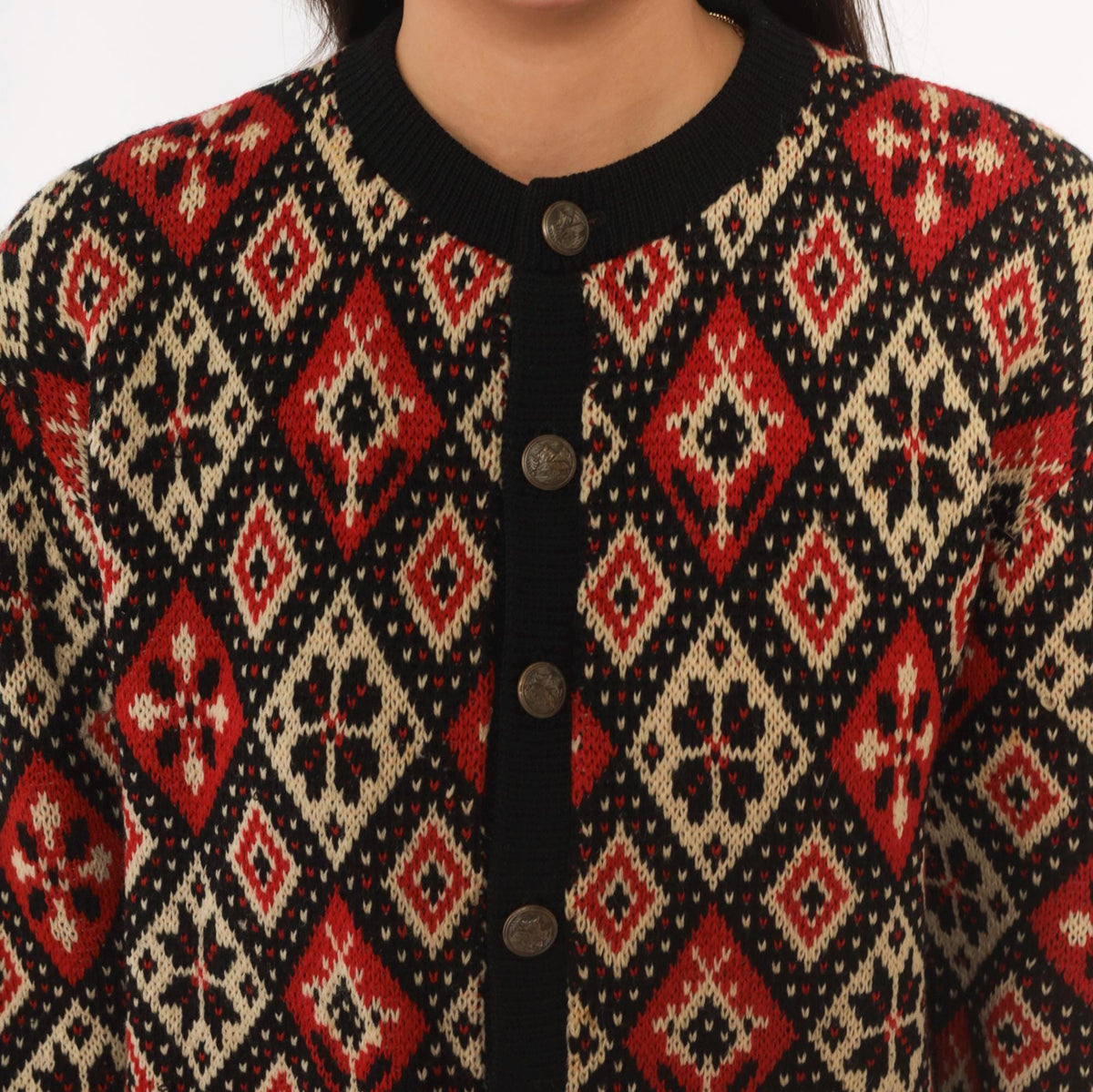 60s Jersild Wool Cardigan Black Red Cream Fair Isle Diamond Medium