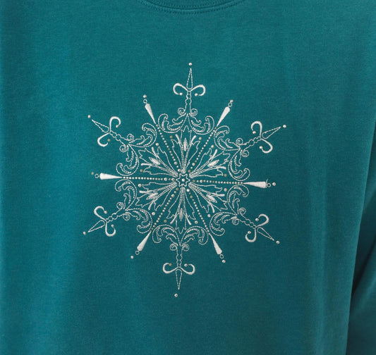 90s M&C Sportswear Teal Snowflake Embroidered Sweatshirt Beaded Crewneck Large L