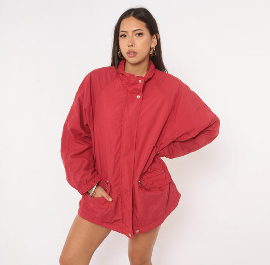 90s Eddie Bauer Red Nylon Windbreaker Jacket Raglan Snap Collar Medium M