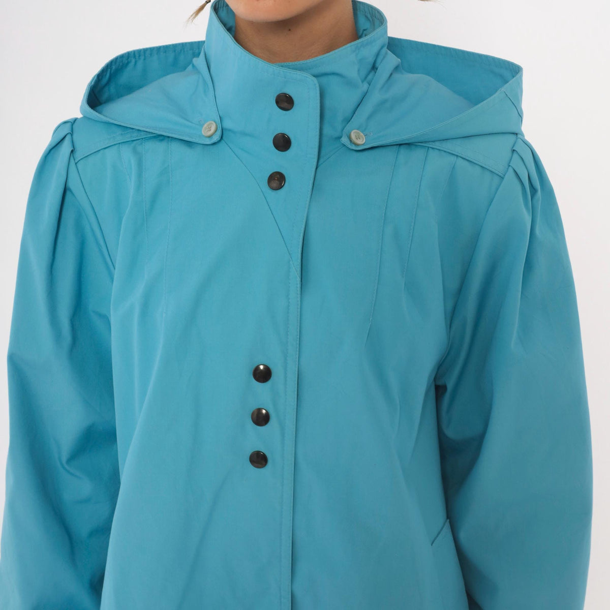70s Blue Hooded Raincoat Snap Front Trench Puff Sleeve Medium