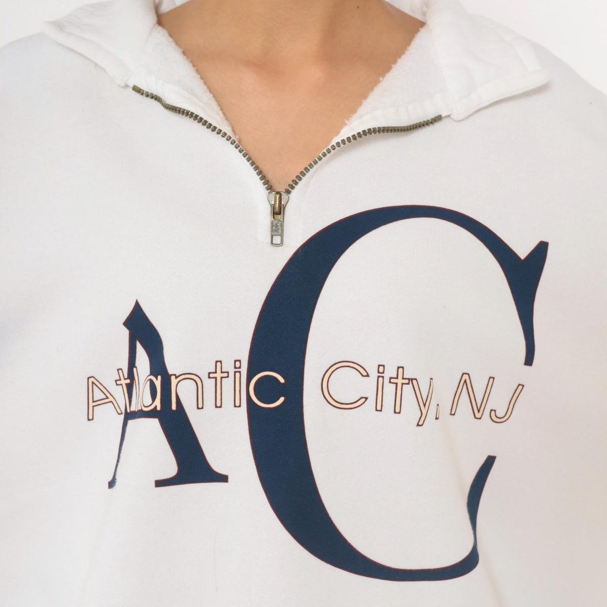 90s Jerzees Atlantic City Quarter Zip Sweatshirt White Navy Graphic Extra Large XL