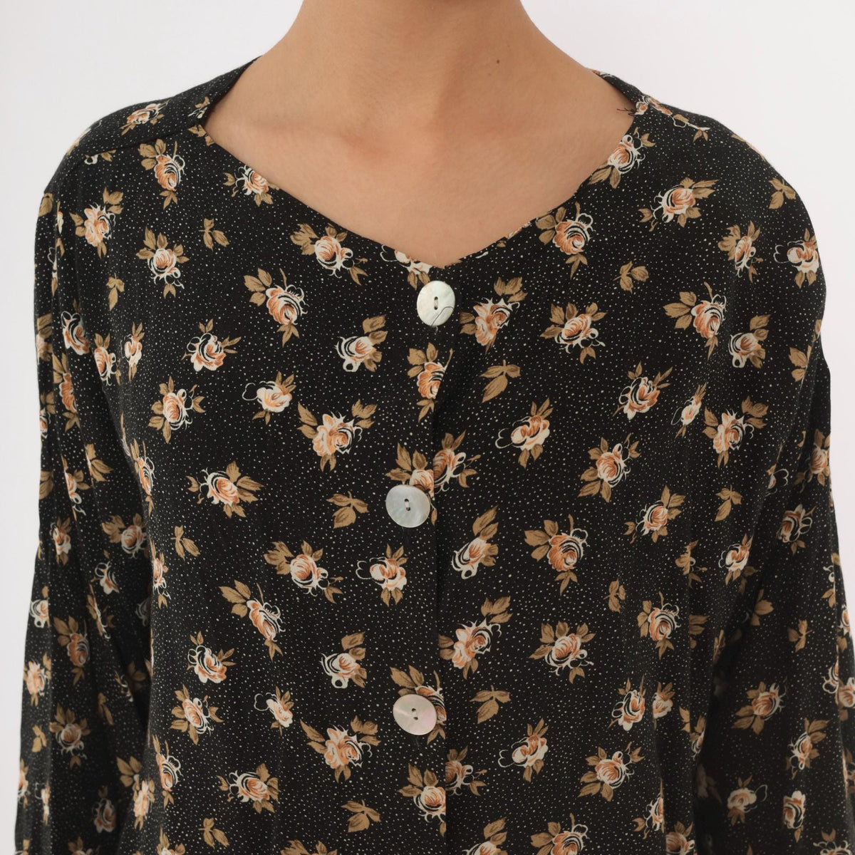 90s Black Floral Rose Print Button-Front Blouse Cream Tan Large L