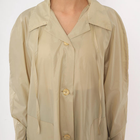 80s Aqua Sheen Cream Nylon Trench Coat Pointed Collar Midi Length Medium M