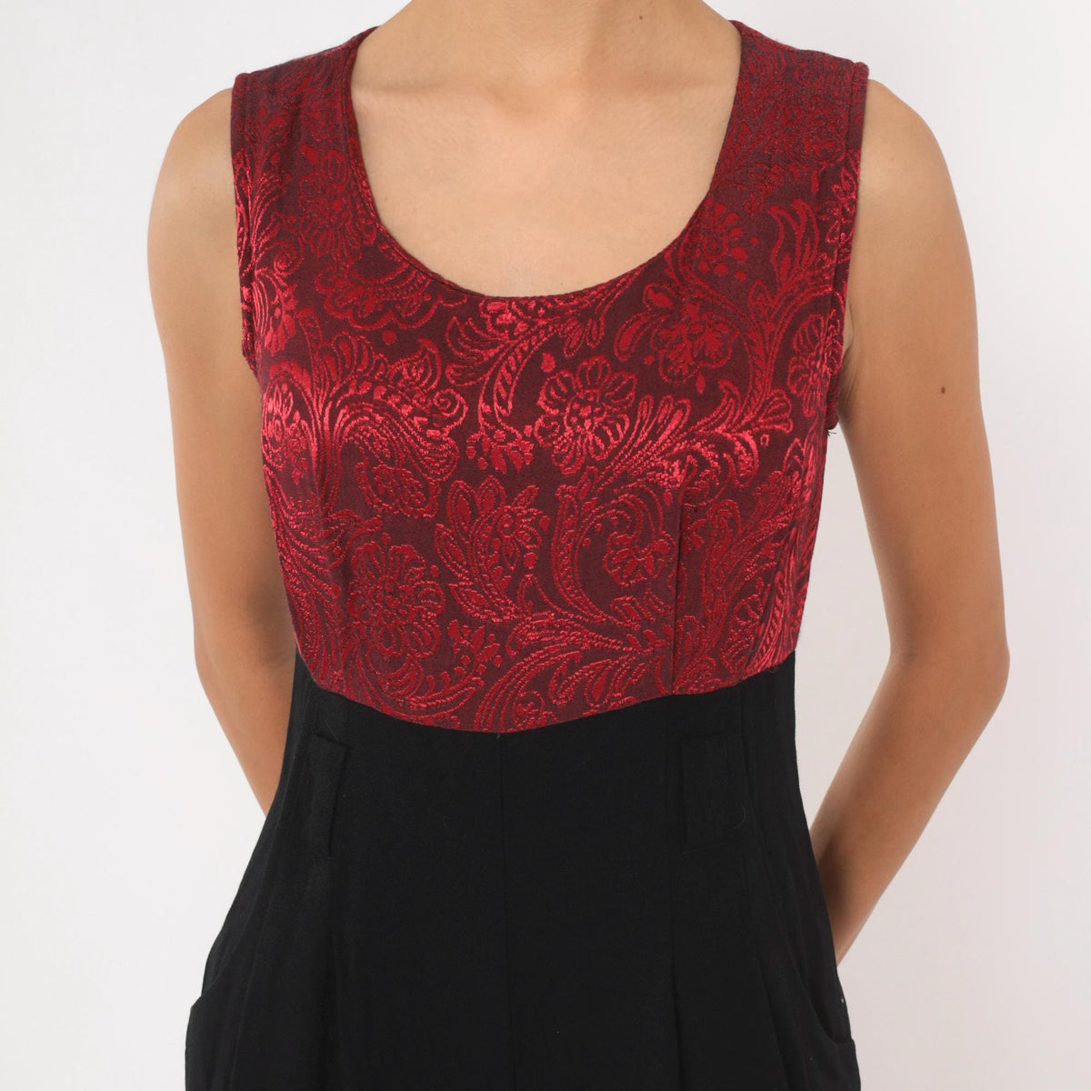 90s Black Jumpsuit Red Brocade Bodice Sleeveless High Waist Small S