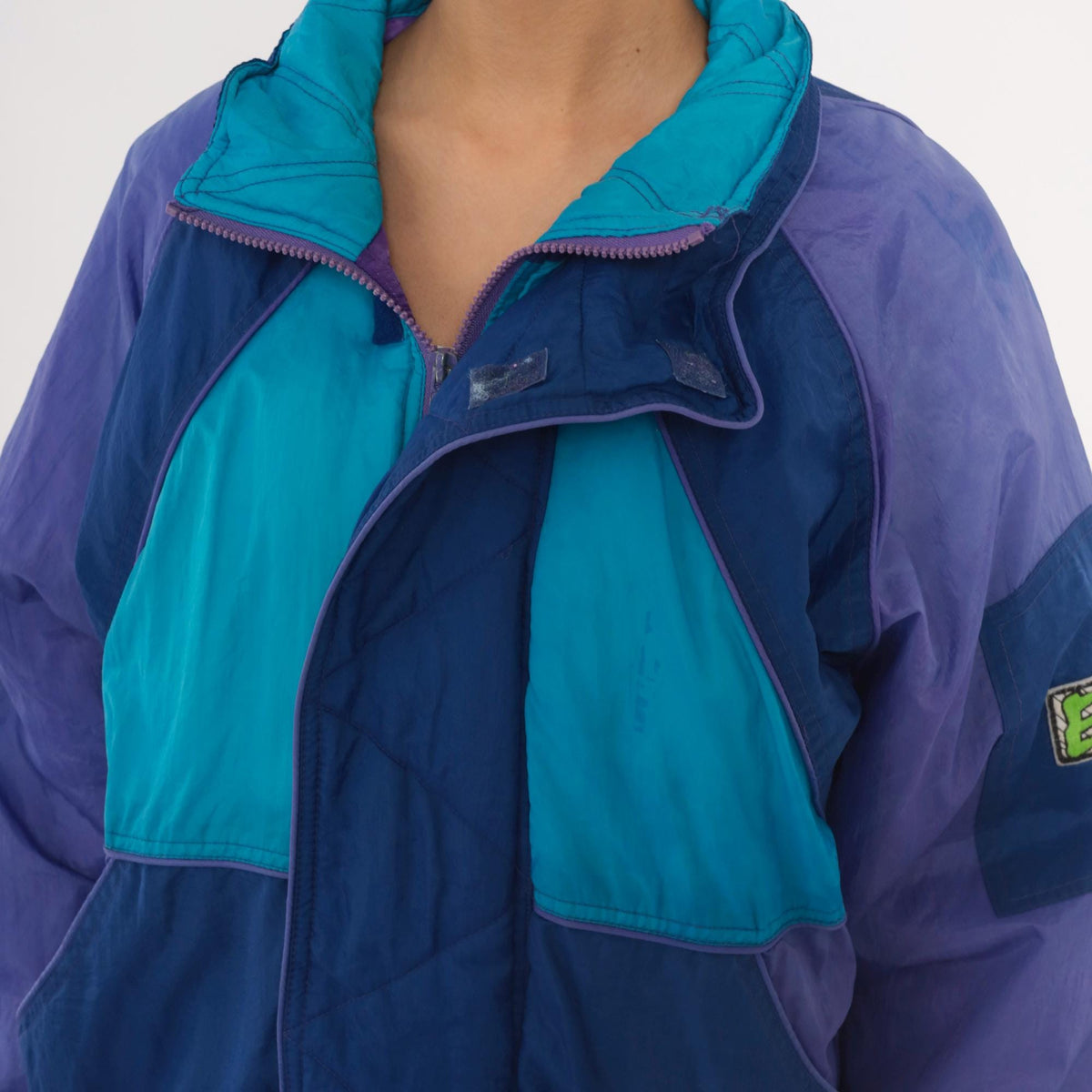 90s EZ Color Block Windbreaker Jacket Blue Purple Teal Quilted Small