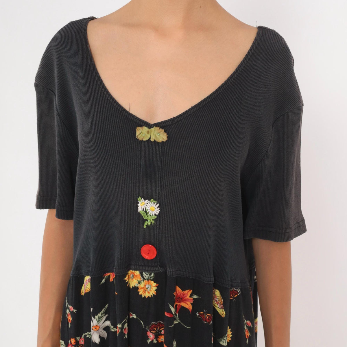 90s Petite Impressions Black Floral Midi Dress Ribbed Knit V Neck Large L