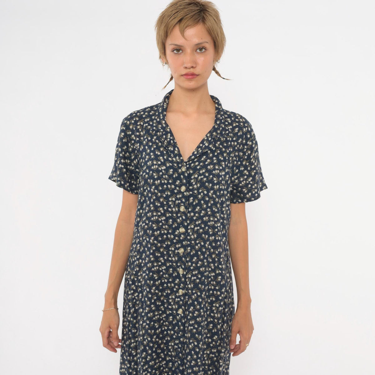 90s Chico's Design Navy Floral Midi Shirt Dress Pearl Buttons Medium M