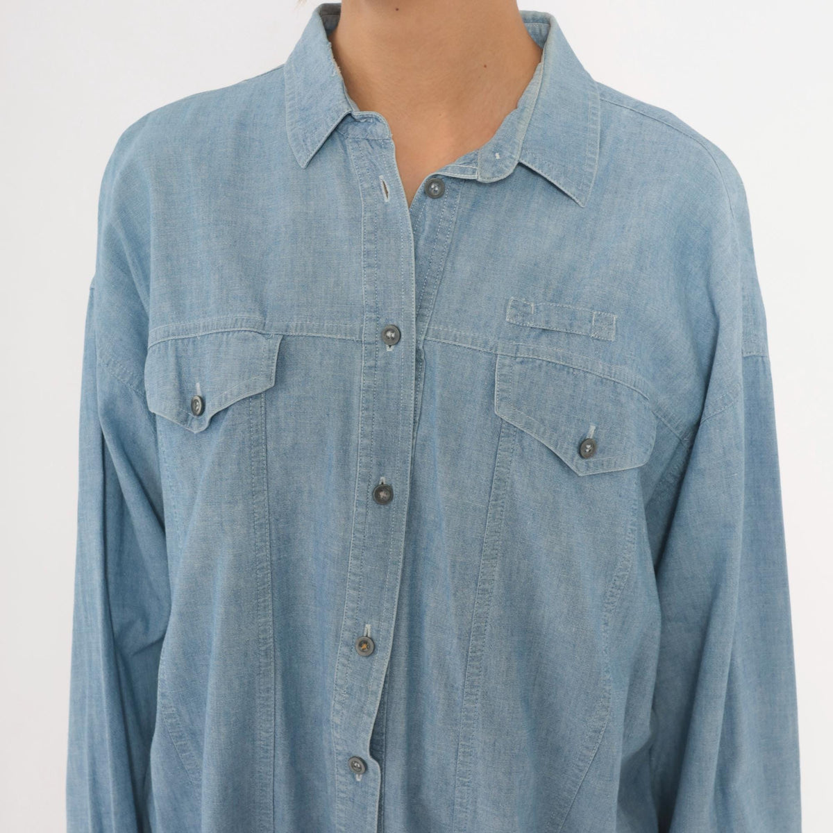 90s Chaussport Chambray Shirt Light Blue Cotton Button-Up Medium M