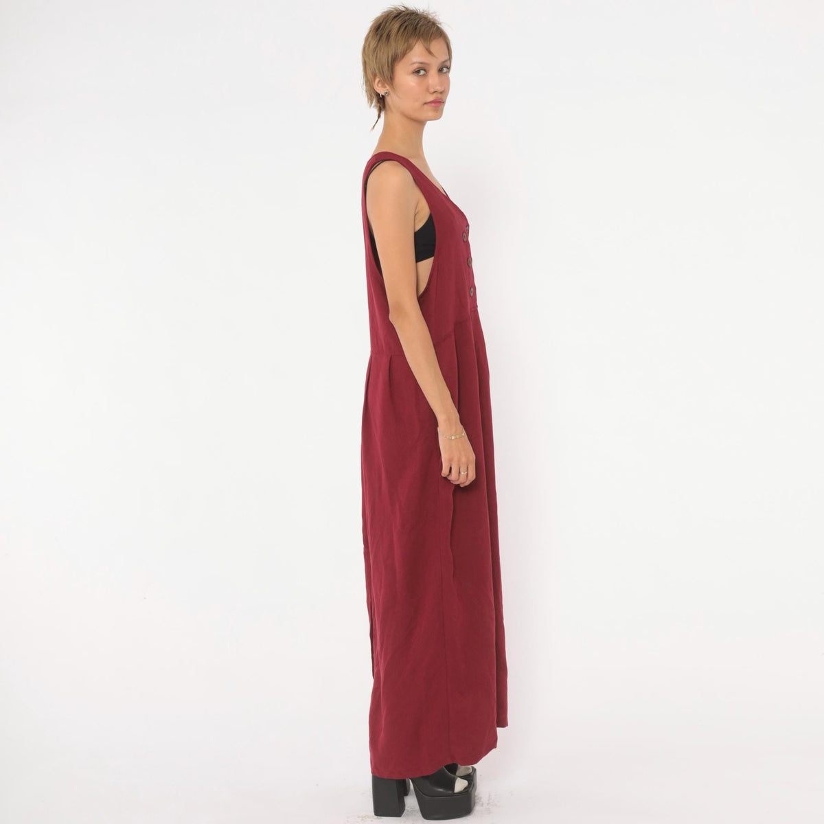90s Burgundy Maxi Pinafore Dress V Neck Double Breasted Sleeveless Medium M