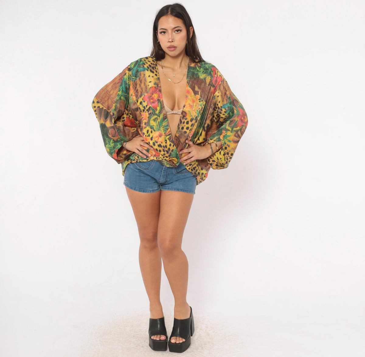 90s Silk Kimono Jacket Tropical Leopard Print Yellow Green Small