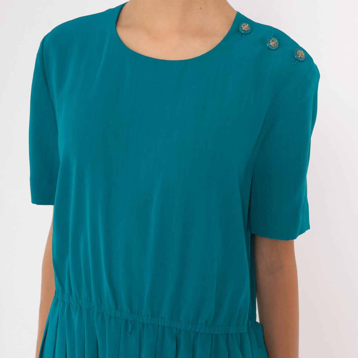 80s Leslie Fay Teal Pleated Midi Dress Shoulder Pads Accordion Skirt Small