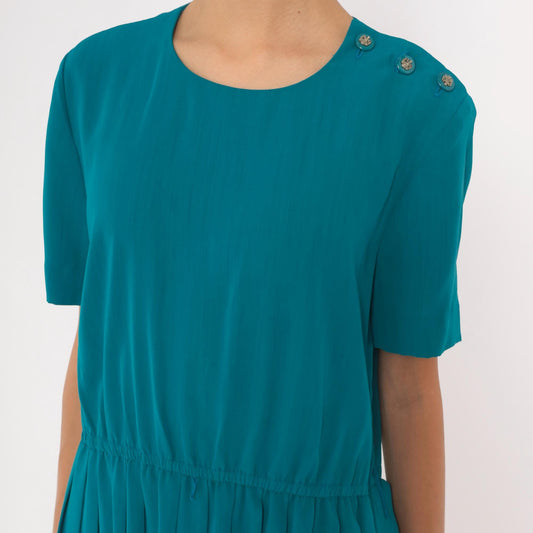 80s Leslie Fay Teal Pleated Midi Dress Shoulder Pads Accordion Skirt Small