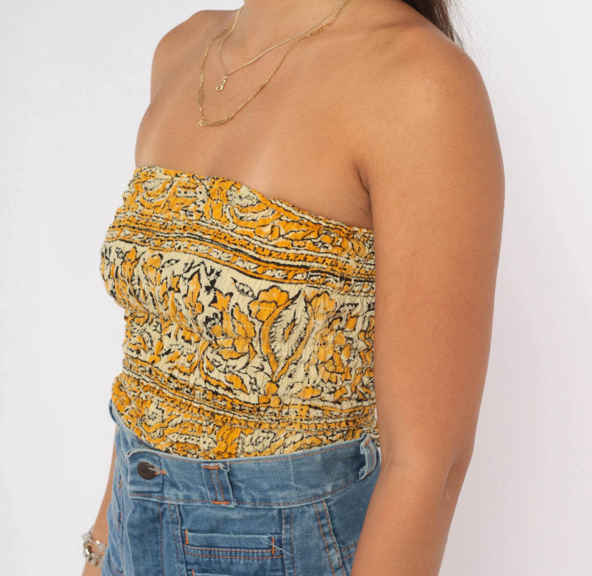 70s Yellow Mustard Block Print Smocked Tube Top Strapless Crop Cotton Extra Small