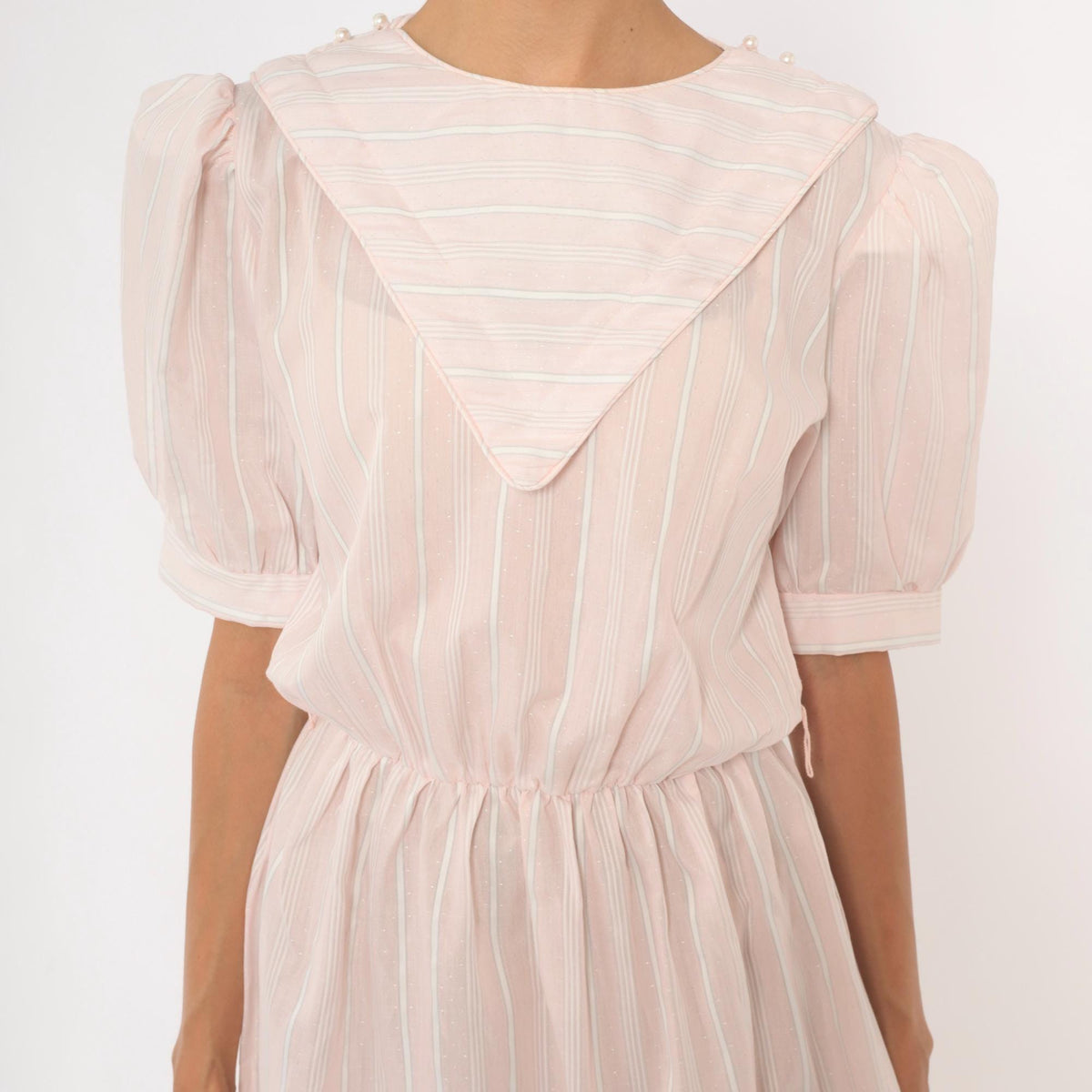 80s Pink Striped Midi Dress Puff Sleeve Sailor Collar Cotton Small