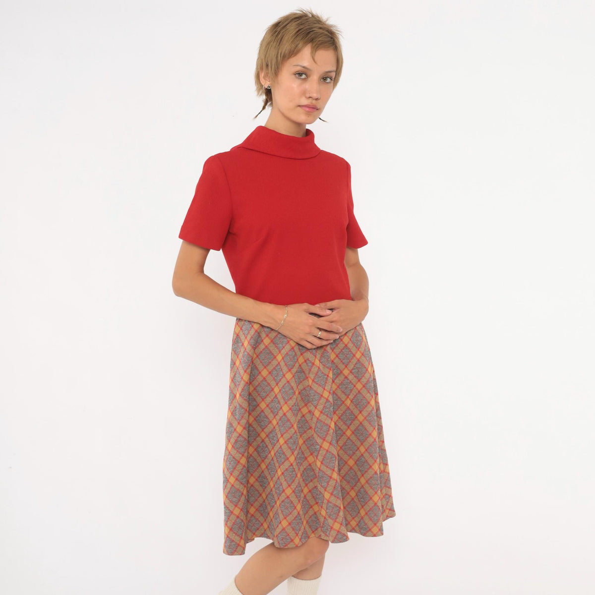60s Mod Dress Red Plaid A-Line Mock Neck Short Sleeve Knee Length Medium M