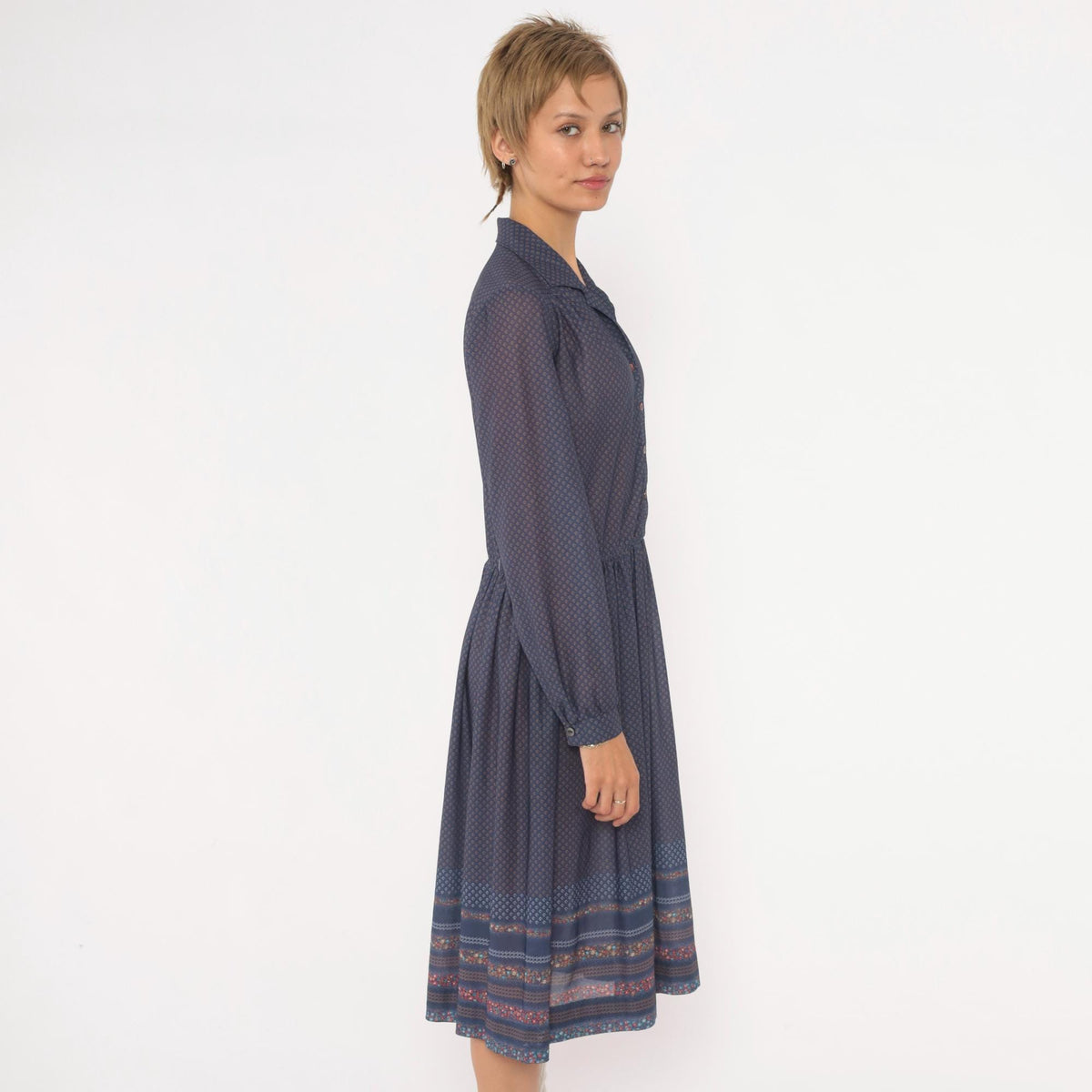 70s Navy Diamond Print Drop Waist Dress Collared Button Front Medium