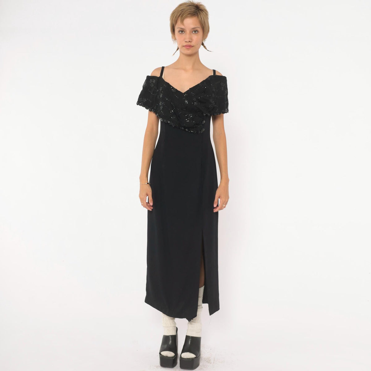 90s J. R. Nites Black Sequin Maxi Dress Off-Shoulder Floral Embroidered Collar Large L