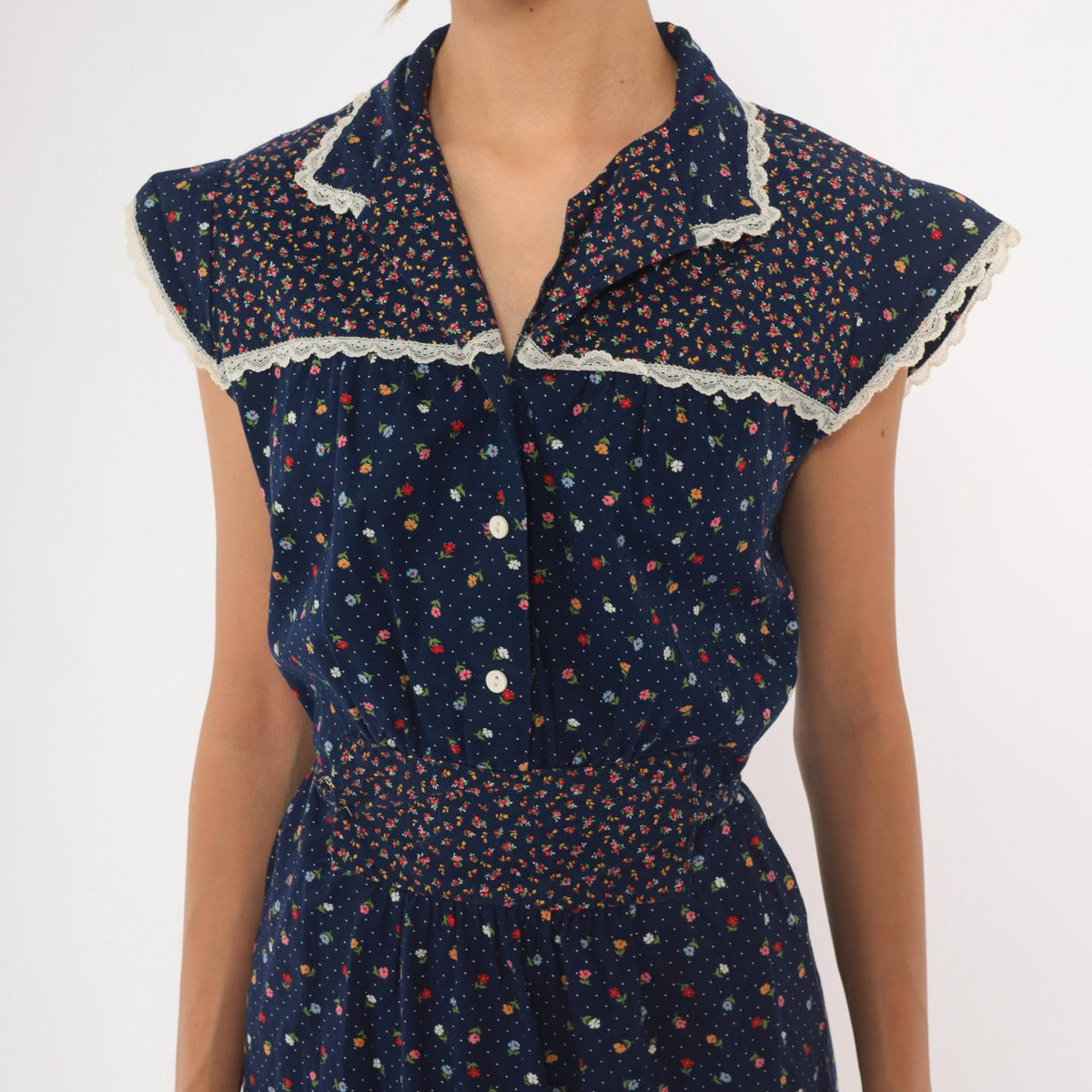70s Navy Floral Calico Prairie Dress Cotton Cap Sleeve Button Front Small
