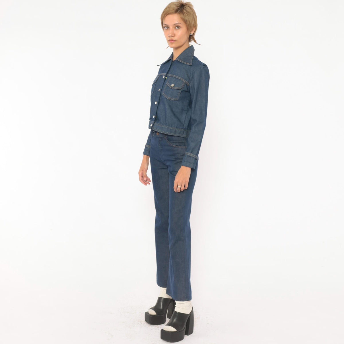 80s Bogart of Texas Denim Two Piece Set Cobalt Blue Cropped Jacket Flare Jeans Extra Extra Small XXS