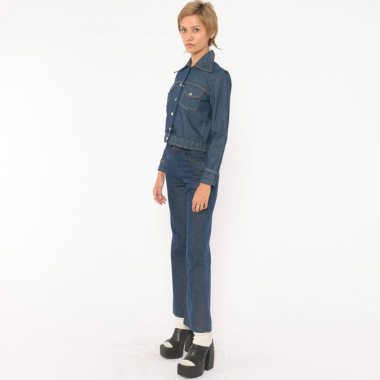 80s Bogart of Texas Denim Two Piece Set Cobalt Blue Cropped Jacket Flare Jeans Extra Extra Small XXS